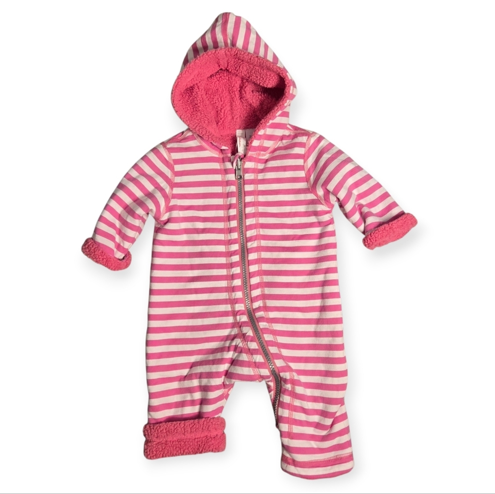 Hanna Andersson Pink Striped Hooded Fleece One-piece Reversible 60cm 3-6m